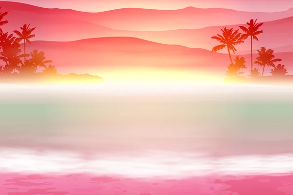 Hintergrund mit Meer und Palmen. Sonnenuntergang. — Stockvektor
