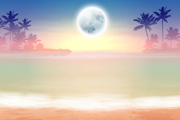 Пляж с пальмами и полнолуние ночью — стоковый вектор