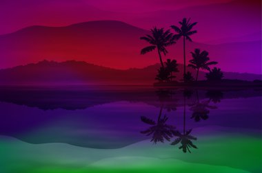 Deniz ve palmiye ağaçları ile mor arka plan