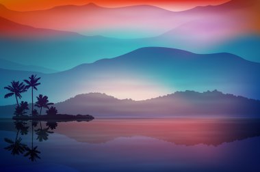 Mor-mavi arka plan ile deniz ve palmiye ağaçları