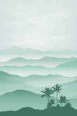 palmiye ağacı sis ile Dağları. arka plan.