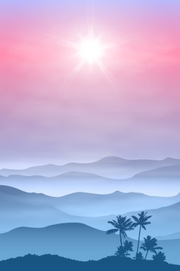 palmiye ağacı ve Dağları sis arka plan