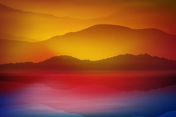 Φόντο με βουνό και θάλασσα. Ηλιοβασίλεμα χρόνος. — Διανυσματικό Αρχείο