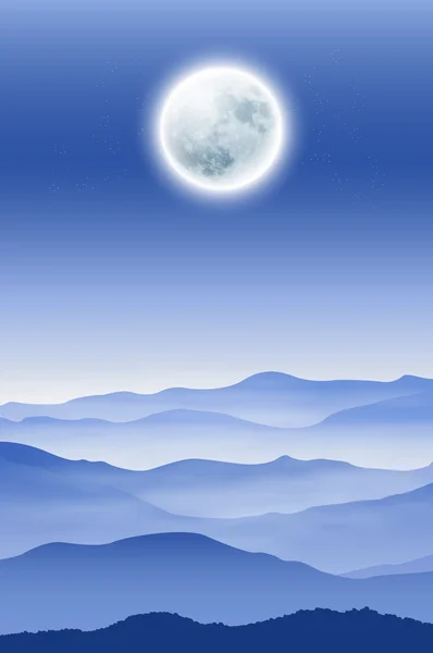 Fondo con luna llena y montañas en la niebla — Vector de stock