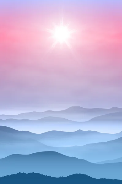 Achtergrond met de zon en de bergen in de mist — Stockvector