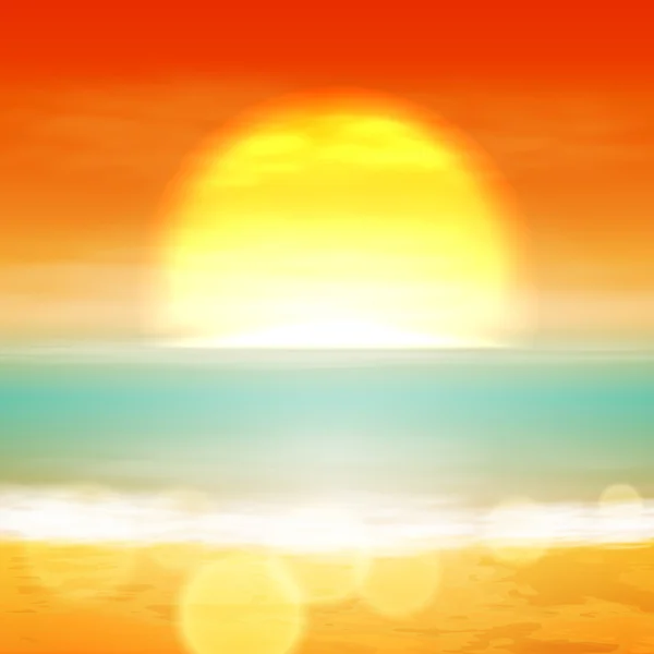 Puesta de sol del mar con el sol, luz en la lente — Vector de stock