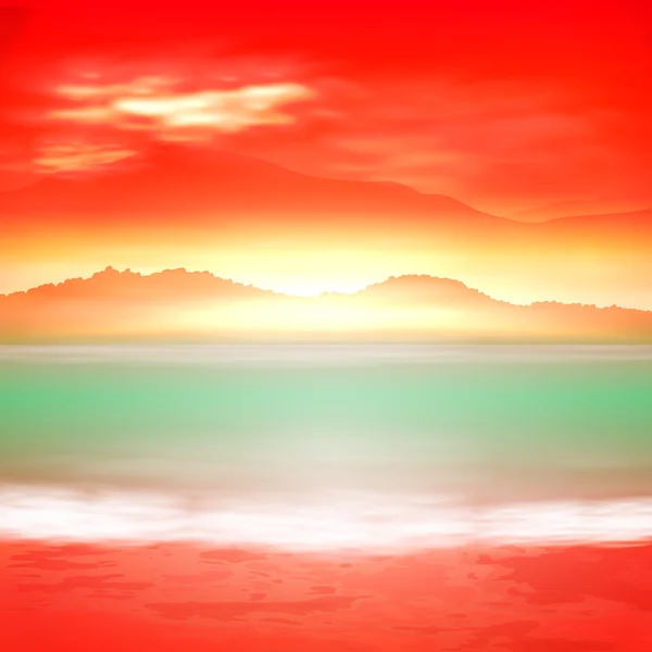 Fond avec mer et montagne. Heure du coucher du soleil . — Image vectorielle