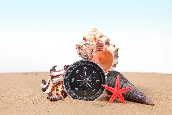 Bússola, conchas e estrelas do mar — Fotografia de Stock