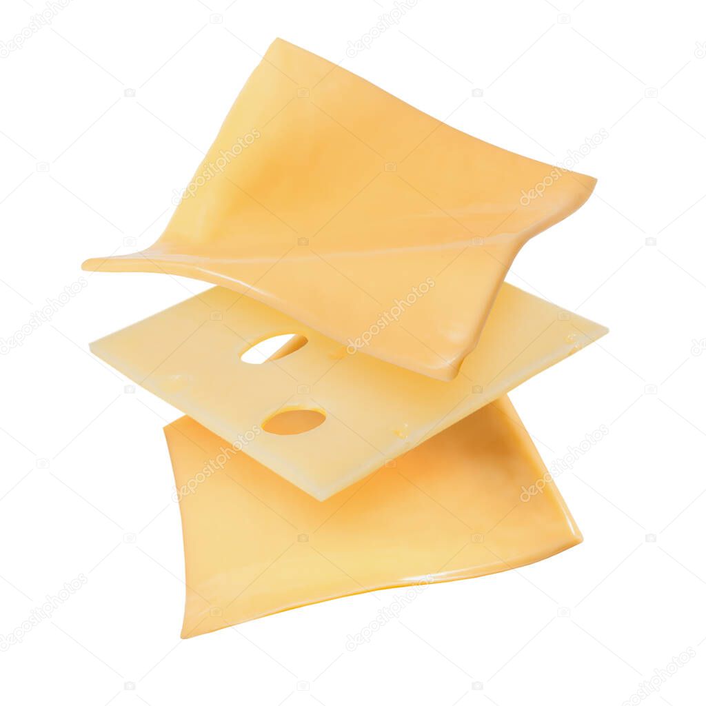 Three yellow cheese slices isolated on white background