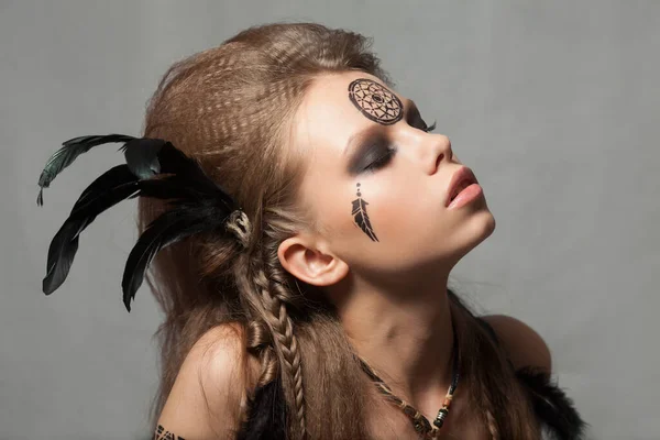 Closeup portrait of shamanic female with colorful makeup. — Stock Photo, Image