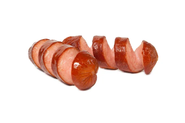 Salsicce grigliate tagliate a spirale isolate su fondo bianco — Foto Stock
