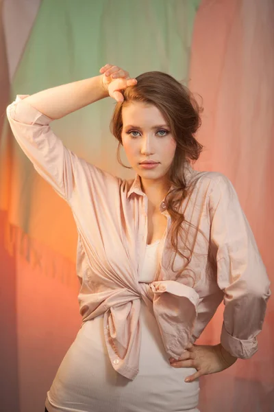 Portrait of beautiful angelic look young woman in studio — Stock Photo, Image