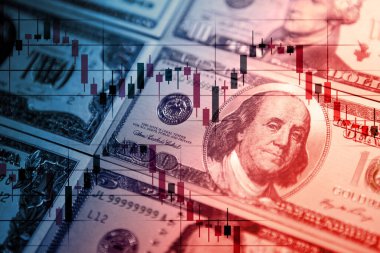 Amerikan doları banknotlarının çizelge çizelgesi. Finansal bankacılık hesabı, yatırım analitik araştırma veri ekonomisi, istatistik, ticaret, ofis raporlama şirketi toplantı kavramı.