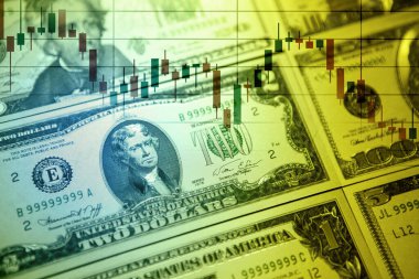 Amerikan doları banknotlarının çizelge çizelgesi. Finansal bankacılık hesabı, yatırım analitik araştırma veri ekonomisi, istatistik, ticaret, ofis raporlama şirketi toplantı kavramı.
