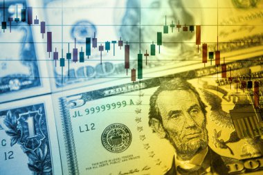 Amerikan doları banknotlarının çizelge çizelgesi. Finansal bankacılık hesabı, yatırım analitik araştırma veri ekonomisi, istatistik, ticaret, ofis raporlama şirketi toplantı kavramı.