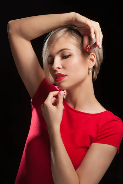 Beautiful Blonde Woman Red Dress Holding Red Dices Black Background — Stock Photo, Image