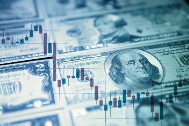 Amerikan doları banknotlarının çizelge çizelgesi. Finansal bankacılık hesabı, yatırım analitik araştırma veri ekonomisi, istatistik, ticaret, ofis raporlama şirketi toplantı kavramı.