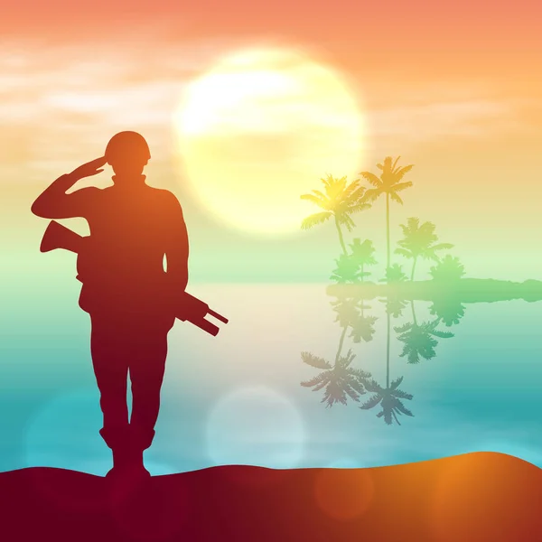 Silueta Soldado Saludando Contra Amanecer Concepto Protección Patriotismo Honor Fuerzas — Vector de stock