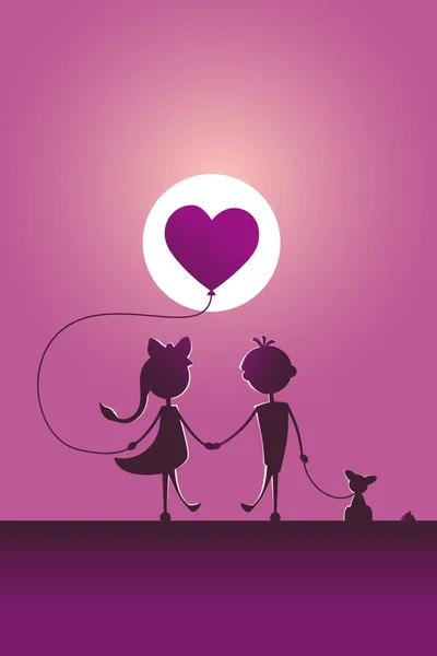 一个带着宠物的男孩和一个带着气球在月光下散步的女孩的肖像 爱的概念 卡片的设计 情人节 — 图库矢量图片