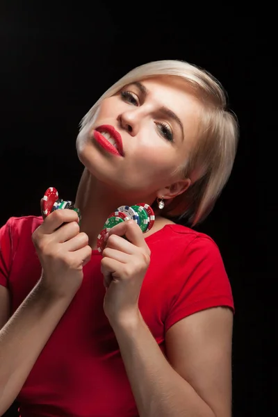 Beautiful Blond Woman Showing Gambling Chips Black Background — Stock Photo, Image