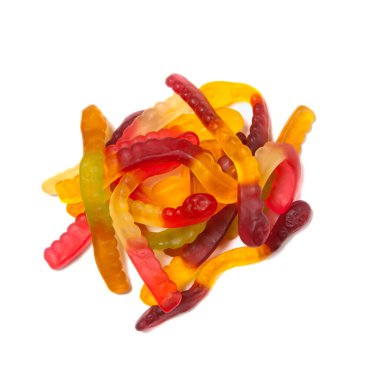 Beyaz arka planda izole edilmiş lezzetli jöle solucanları. Renkli tatlı jelibon solucanları..