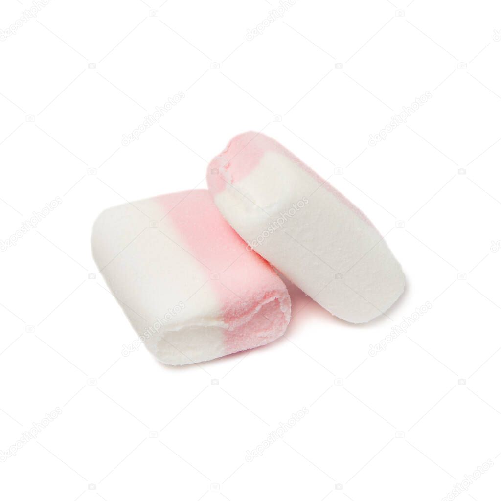 Two Fluffy white-pink marshmallow macro isolated over white background