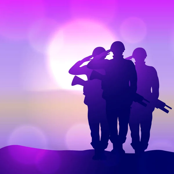 Silhouette d'un soldat saluant contre le lever du soleil. Concept - protection, patriotisme, honneur. — Image vectorielle