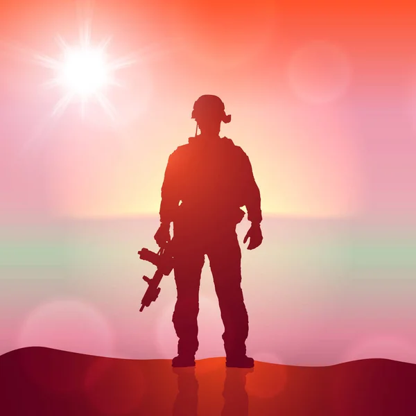 Silueta Vojáků Proti Východu Slunce Koncept Ochrana Vlastenectví Čest Ozbrojené — Stockový vektor