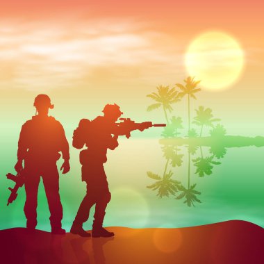 Gün doğumuna karşı bir askerin silueti. Konsept - koruma, vatanseverlik, onur. Türkiye, İsrail, Mısır ve diğer ülkelerin silahlı kuvvetleri. EPS10 vektörü.