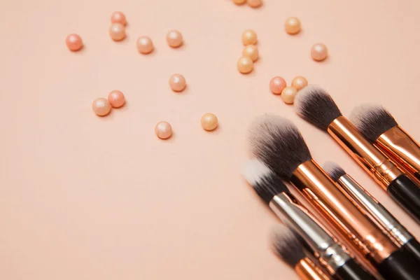 Various Cosmetic Brushes Pink Background Professional Makeup Concealer Powder Blush — Stock Photo, Image