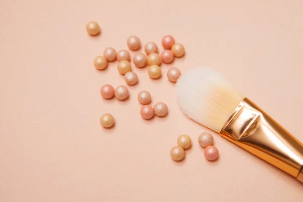 Various Cosmetic Brushes Pink Background Professional Makeup Concealer Powder Blush — Stock Photo, Image