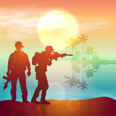 Gün doğumuna karşı bir askerin silueti. Konsept - koruma, vatanseverlik, onur. Türkiye, İsrail, Mısır ve diğer ülkelerin silahlı kuvvetleri. EPS10 vektörü.