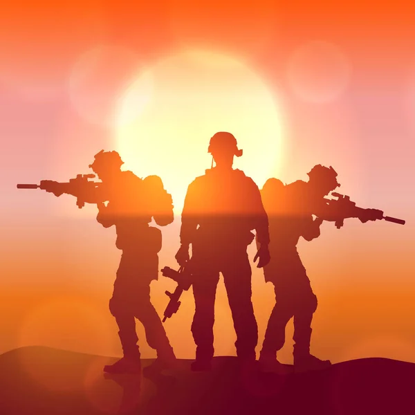 Silueta Soldados Contra Amanecer Concepto Protección Patriotismo Honor Fuerzas Armadas — Vector de stock
