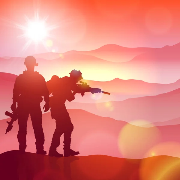 Silueta Soldados Contra Amanecer Concepto Protección Patriotismo Honor Fuerzas Armadas — Vector de stock