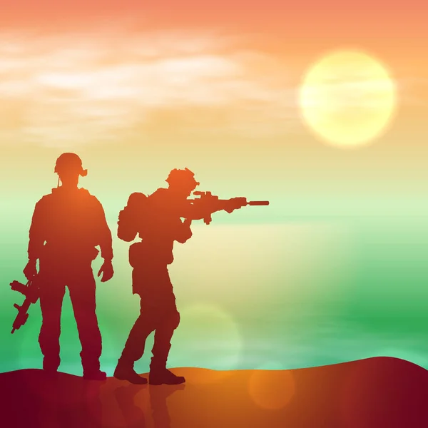 Silueta Soldados Contra Amanecer Concepto Protección Patriotismo Honor Fuerzas Armadas — Vector de stock