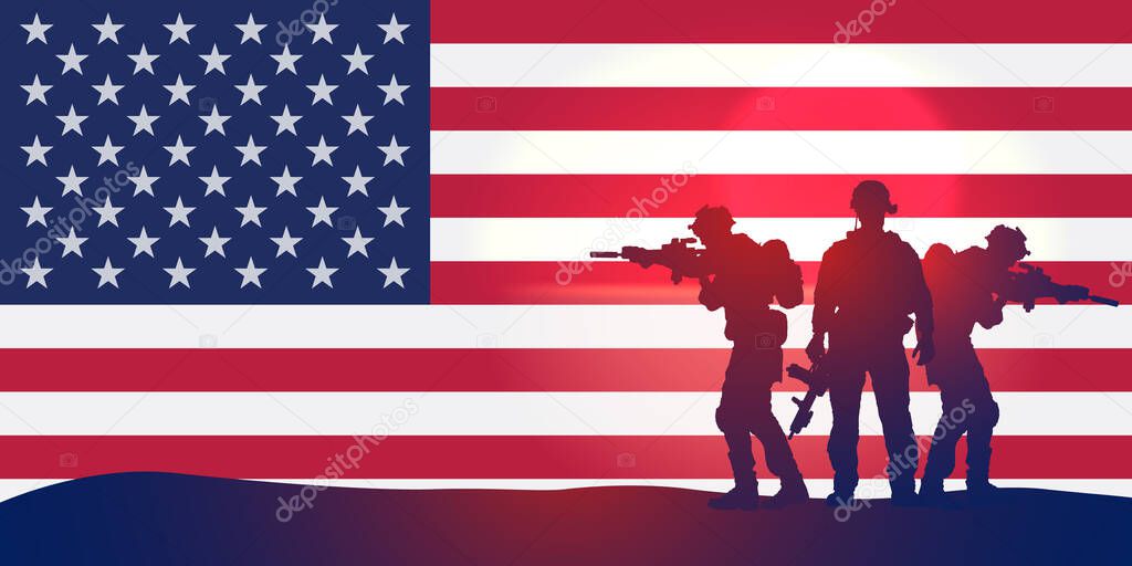Silhouette of a soldiers against the sunrise and flag USA. Concept - protection, patriotism, honor. Banner for your design.