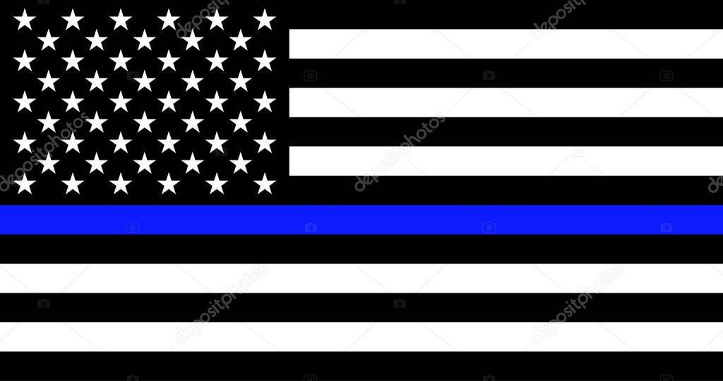 American flag with police support symbol Thin blue line. American police in society as the force which holds back chaos, allowing order and civilization to thrive. Banner poster, card, background.