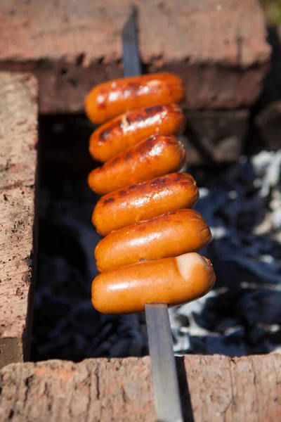 Kiełbaski Szpikulcu Smażą Się Węglu Słoneczny Letni Dzień Grillowane Kiełbaski — Zdjęcie stockowe