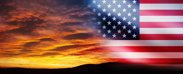 United States of America flag on bright sky at sunset or sunrise background. USA Independence day, 4 July. Memorial day. Veterans day.