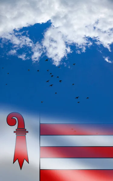 Flag Jura Cantons Switzerland Flying Birds Blue Cloudy Sky Red — Stock Photo, Image