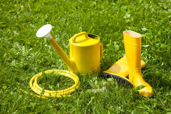 Gardening Yellow Tools Outdoor Garden Rubber Boots Watering Can Hose — Stock Photo, Image