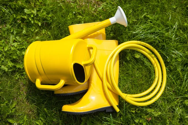 Gardening Yellow Tools Outdoor Garden Rubber Boots Watering Can Hose — Stock Photo, Image