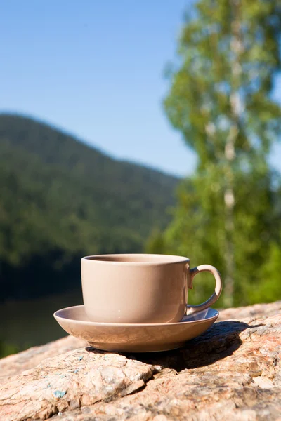 Cup on big stone over nature background — Stock Photo, Image