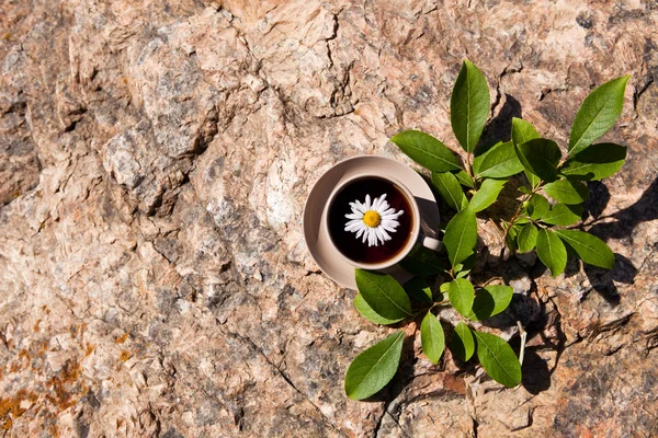 Té con manzanilla en piedra grande vieja . — Foto de Stock