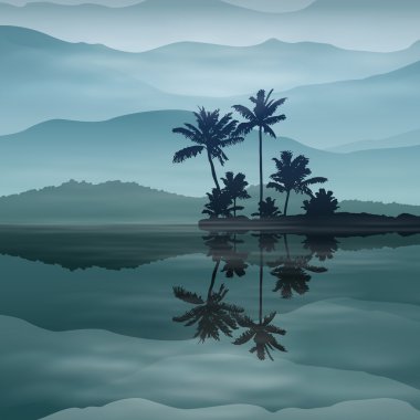 gece deniz ve palmiye ağaçları ile arka plan.