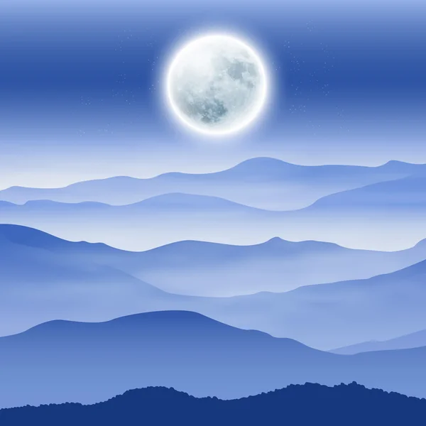 Fondo con luna llena y montañas en la niebla — Vector de stock