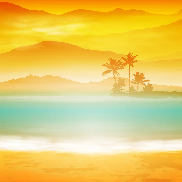 Background with sea and palm trees. Sunset time. — Stock Vector