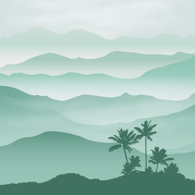 Mountains with palm tree in the fog. Background. clipart