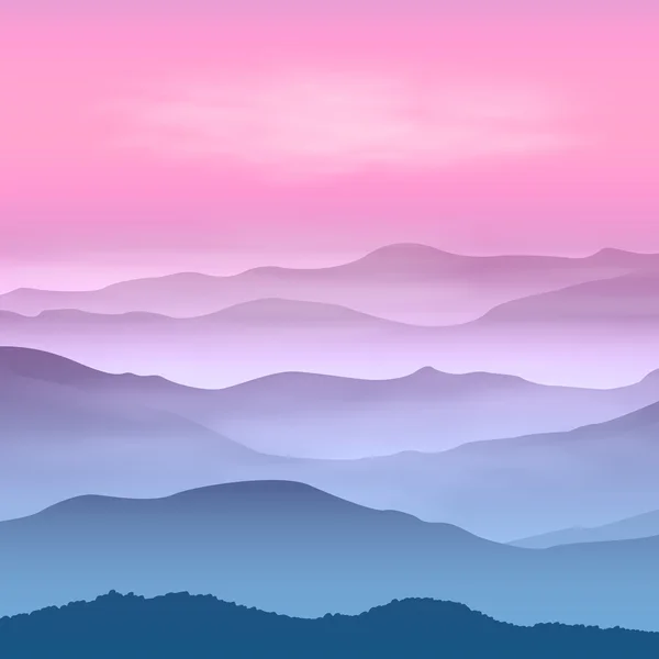 Fondo con montañas en la niebla. Tiempo de puesta del sol . — Vector de stock