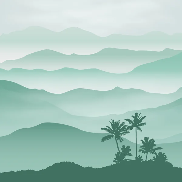 Palmiye ağacı sis ile Dağları. arka plan. — Stok Vektör